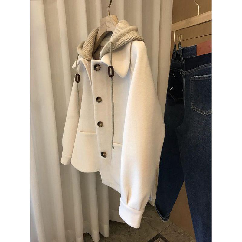 Plus Size Women's Hooded Patchwork Woolen Coat - Thick Spring/Autumn Two-Piece Cotton Jacket