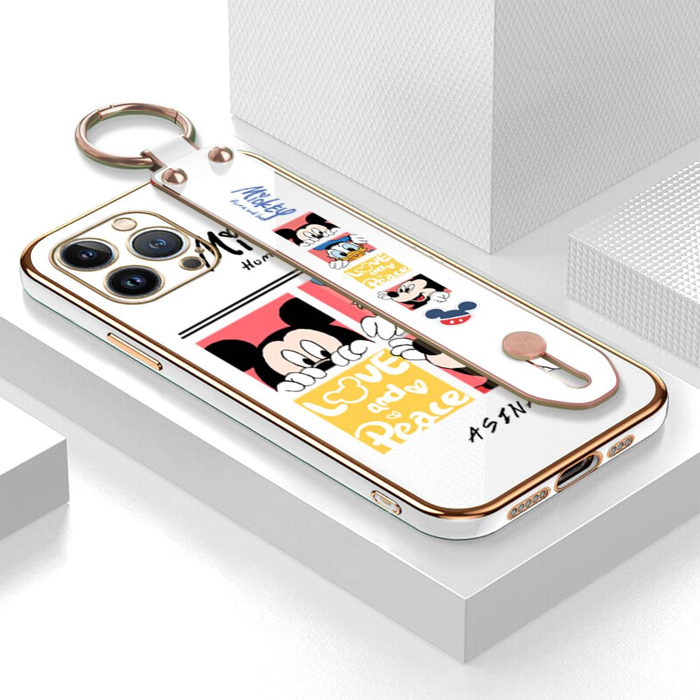 

(С браслетом) Мягкий чехол для телефона с квадратным краем и рисунком Микки и Минни Маус, роскошный чехол из ТПУ для iPhone Motorola OnePlus