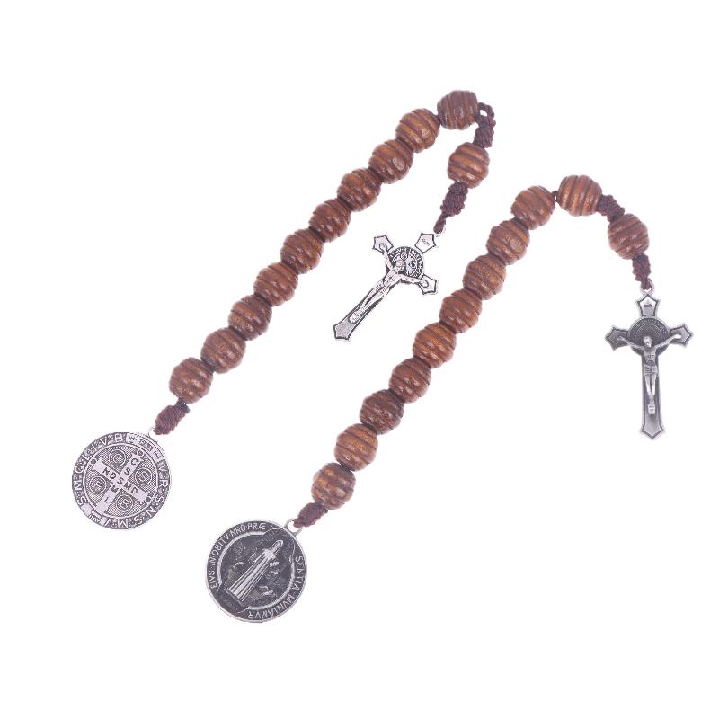1Piece Saint Benedict Medal Prayer Pocket Rosary Catholic Brown Wood Beads With Saint Benedict Medal And Crucifix