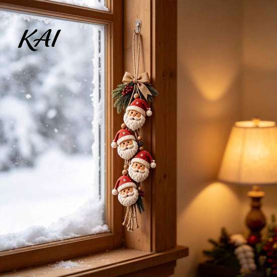 Christmas Tree Hanging Accents Santa Claus Ornament, 2D Flat Decoration, Rustic Wood Ornaments Wall Sign with Pine Branches & Berries for Holiday Home