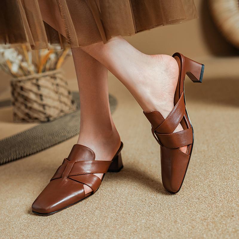Fashion 2024 Summer Women Mules Genuine Leather Women Shoes Square Toe High Heel Slippers Cover Toe Slingback Sandals Embroidery Shoes