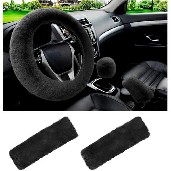 5 PCS Fluffy Steering Wheel Covers Set, Faux Wool Steering Wheel Cover & Handbrake Cover & Gear Shift Cover & 2 Seat Belt Shoulder Pads, Universal
