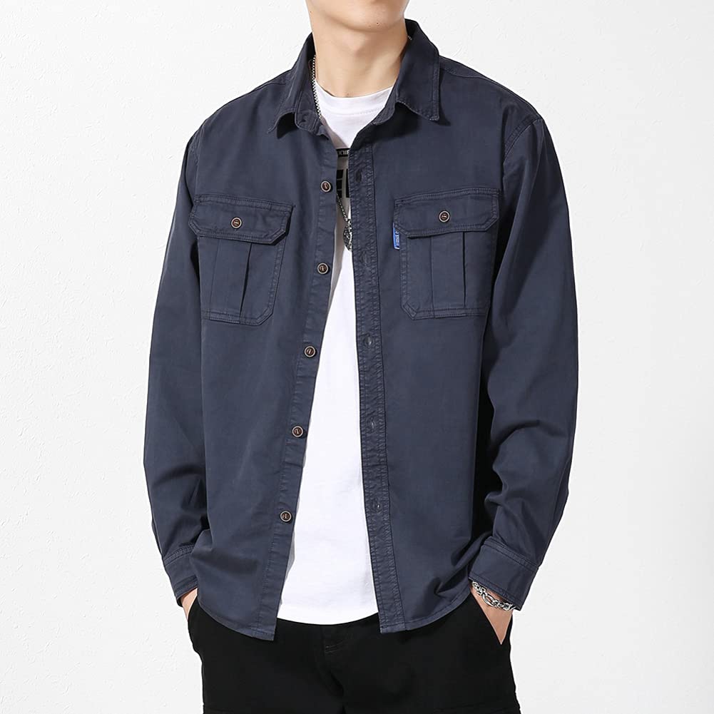 Netero Militær Lang Ensfarget Fritidsskjorte med Egnet for og Sommer Herreskjorte, Erme, Bomull, Farge, Arbeid, Cargo, Lommer, Marineblå, BL821-NAVY-XL,