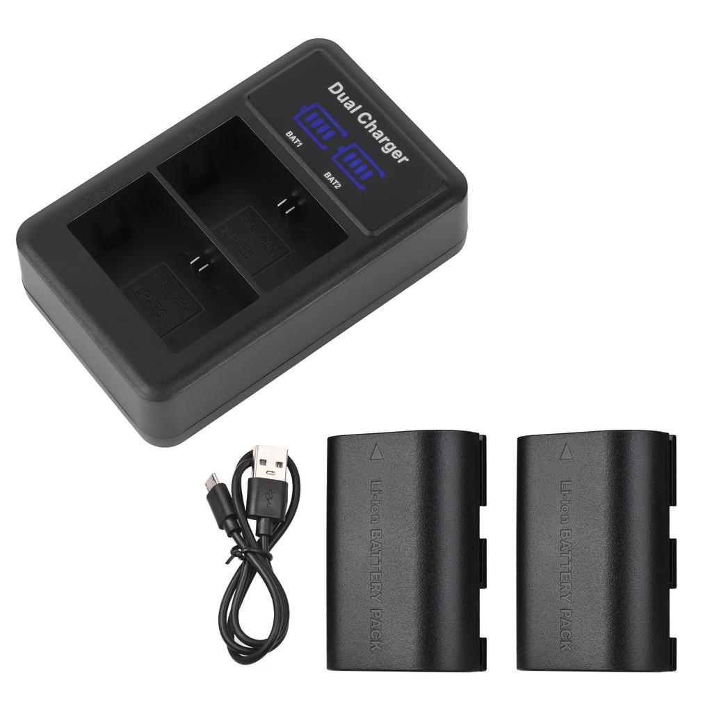 LP E6 E6N Battery and Charger Kit 2pcs 7.4V 2650mAh Battery with 1pc LED2 LPE6 Dual Channel Camera Battery Charger USB