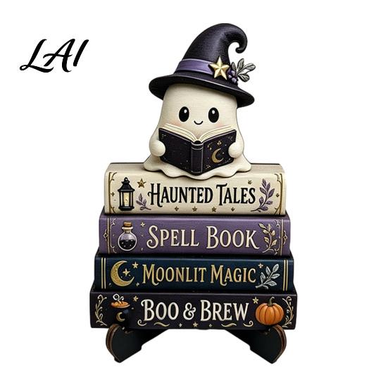 Artistic Halloween Desk Decor Reading Ghost Figurine Wooden Desktop Ornaments Vintage Unique Gothic Room Statue with Stand for Home Tabletop