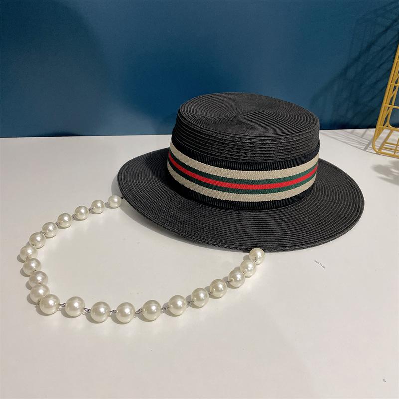 New Fedoras Women's Hat Flat Top Cap French Elegant Straw Hat Fedora Pearl Chain Hat Travel Beach Hat Panama Wide Brim Hat