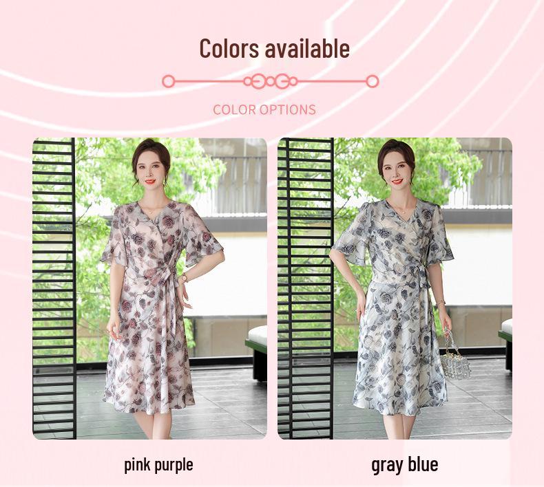 Elegant & Dignified Chiffon Short-Sleeved Dress for Middle-Aged Women - Summer 2026 Collection