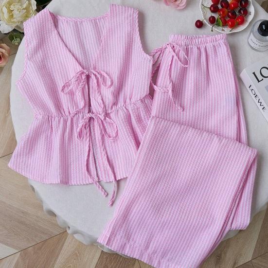 Women's Striped 2 Piece Outfits Tie Front Ruffle Tank Top And Wide Leg Pants Sets Summer Casual Sleeveless Lounge Sets