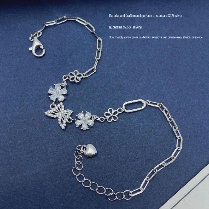S925 Sterling Silver Butterfly & Flower Bracelet - Elegant Light Luxury & Stylish Personal Touch