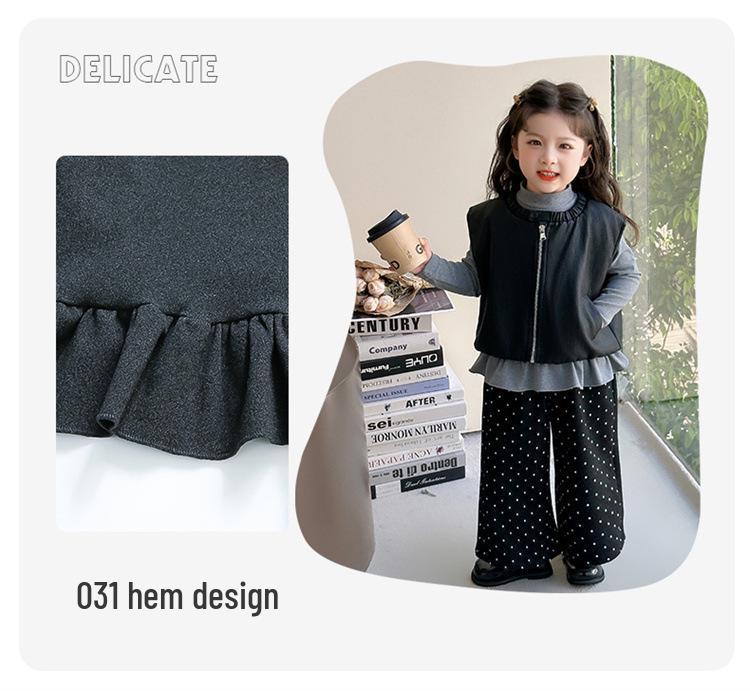 Jesień 2025 Zestaw Mody Dziewczęcej: Zestaw Trzyczęściowy Koszulka Bazowa w Stylu Koreańskim i Skórzana Kamizelka