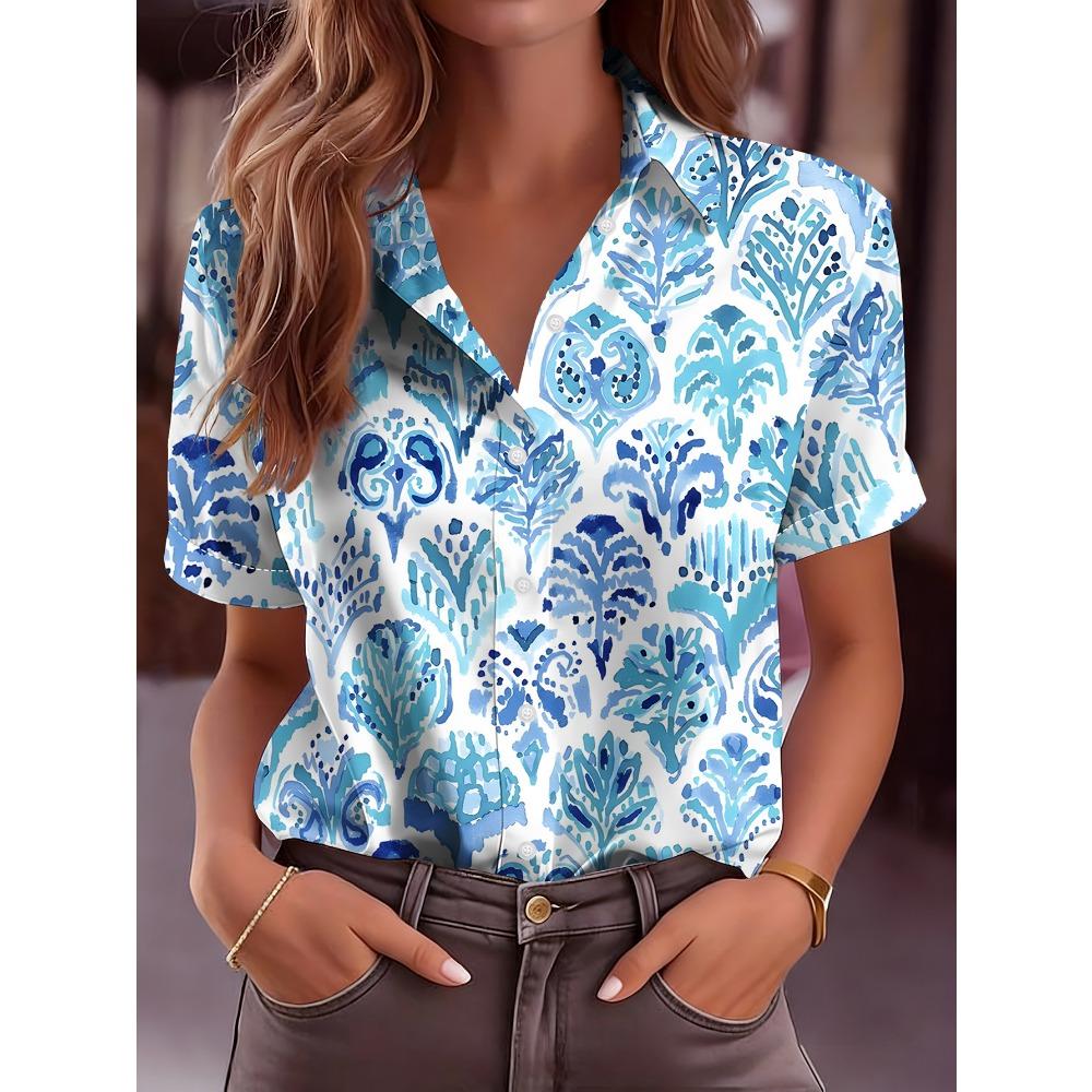 Blue Ocean Coral Shirt for Women, Loose-Fitting Breathable Short-Sleeve Blouse for Vacation Style S