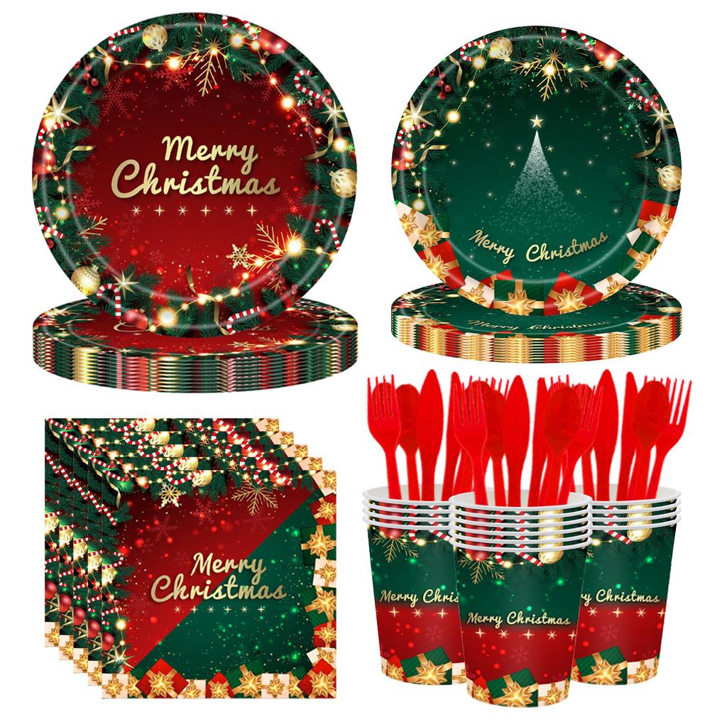 Classic Red And Green Color Scheme Christmas Themed Party Supplies Set Christmas Disposable Paper Plate Tableware Combination