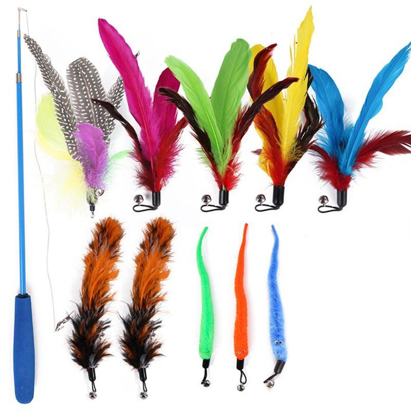 Practical-Cat-Wand , 11 In 1 Feather Replacement Head Retractable Cat-Teaser Stick For Cat-Kitten Having Fun Exerciser Playin