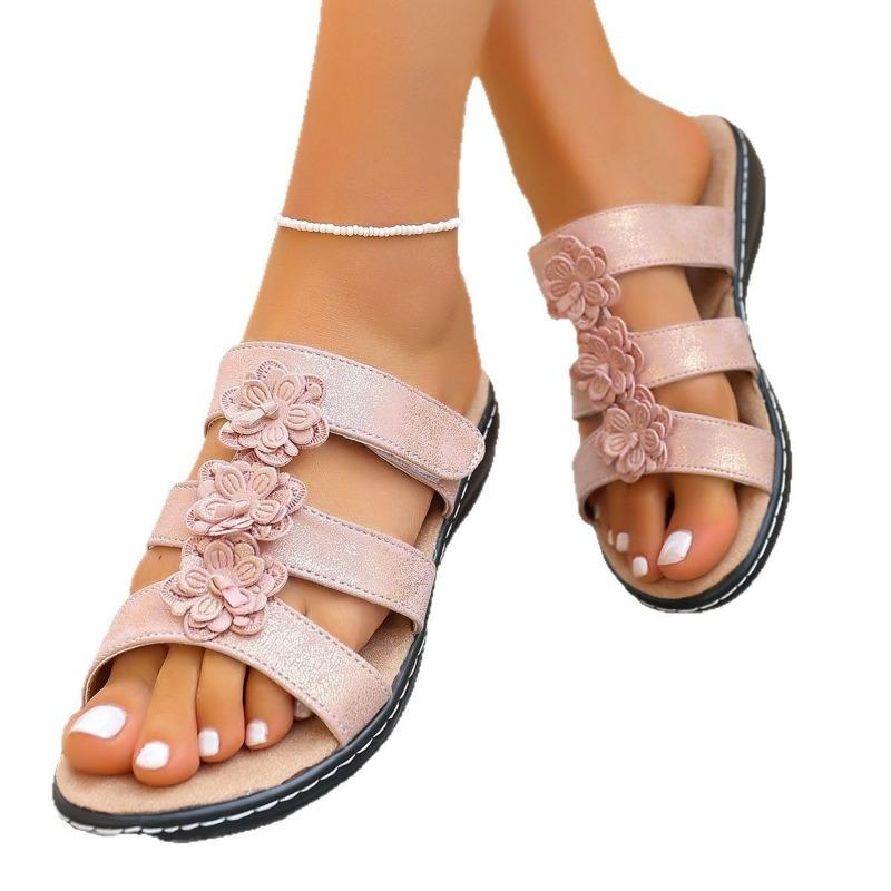 Large size summer new cool slippers one word with flower open toe slippers women's beach slippers