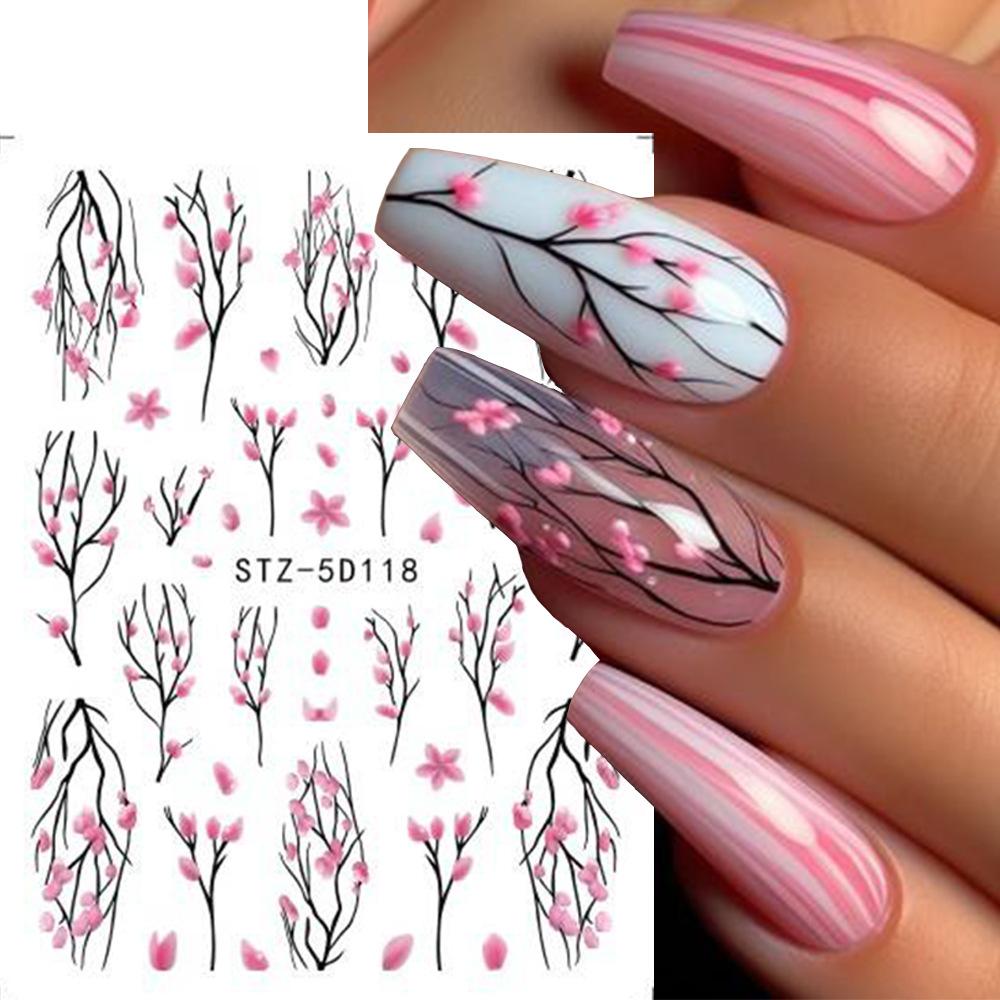 Nail Art Sticker, Relief 5D Three-Dimensional Spring Pink Cherry Blossom Small Flower Adhesive Nail Sticker