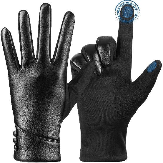 Winter Leather Gloves Women, Warm Wool Lining Touchscreen Texting