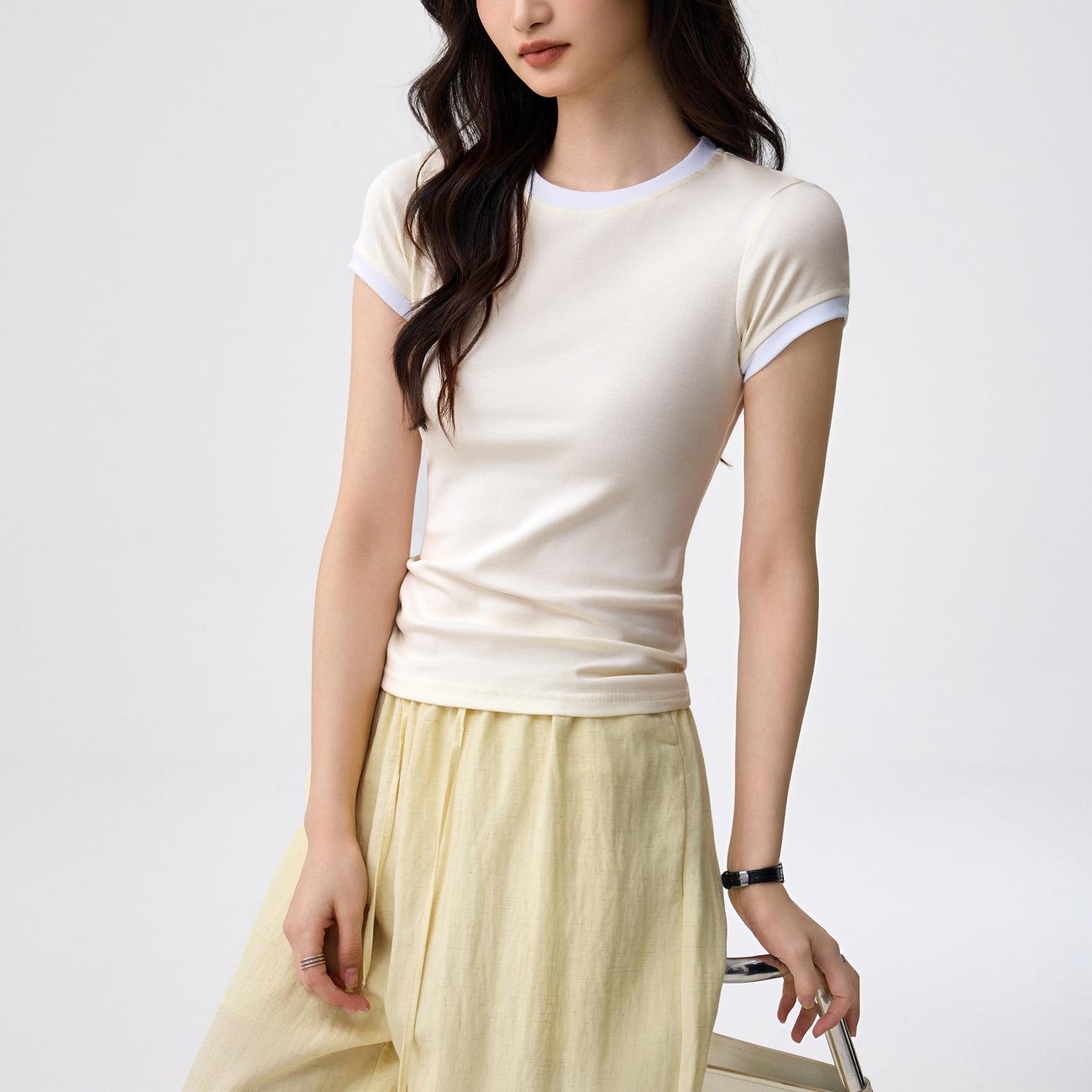 

Women s Slim Fit Colorblock Trim Round Neck T-Shirt - Pure Cotton, Short Sleeve, Summer Base Layer Large