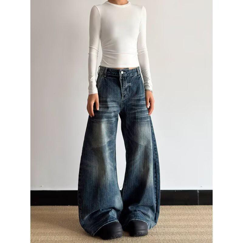 Womens High-Waisted Wide-Leg Flared Denim Jeans Loose Fit Straight Leg Trousers Casual Streetwear