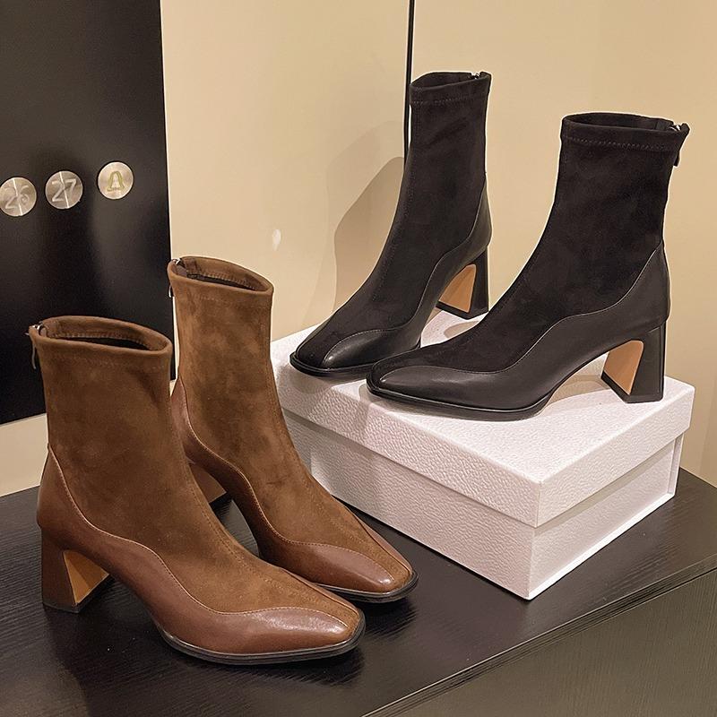 Fashion Back Zipper Skinny Boots for Women Fashionable Thick Heel Square Toe Stitching Suede Non-slip Wear-resistant Short Boots