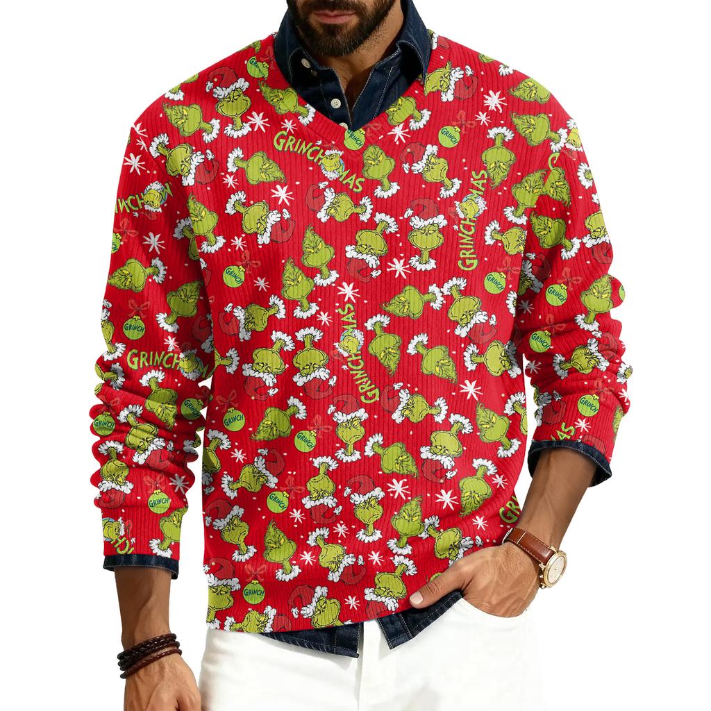 Men's V-neck Long Sleeve Ribbed Knit Pullover