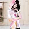 Women Plus Size Dark Blue Printed Long Sleeve Fitted Zip Up Hooded Shirt