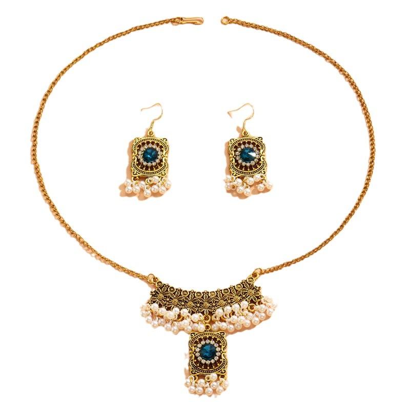 European, American Bohemian Ethnic Style Gem-set Pearl Fringed Fashion Retro Necklace Earrings Ring Set