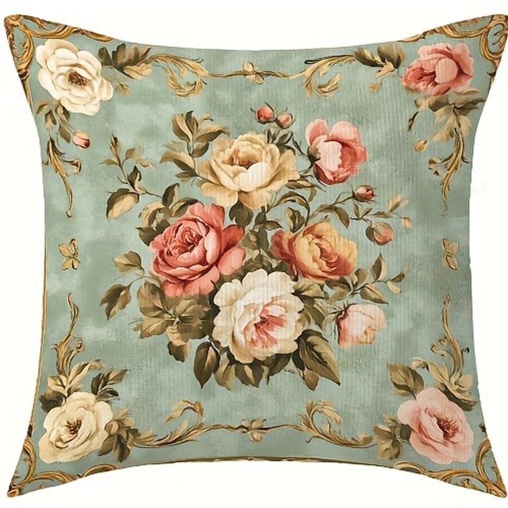 Vintage Light Green Rose Pattern Home Decor Pillowcase Living Room Sofa Polyester Cushion Cover with Zipper