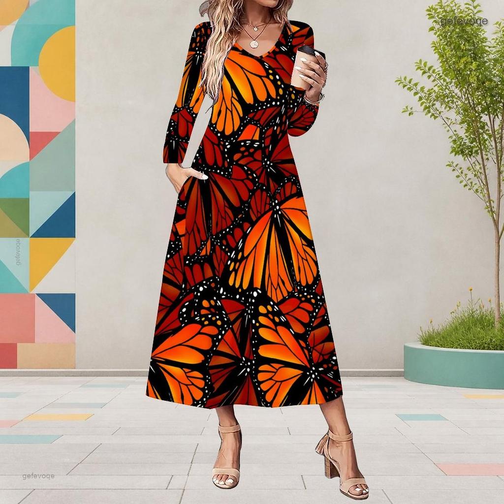 Women Plus Size V Neck Long Sleeve Blue Printed A Line Midi Dress With Pockets