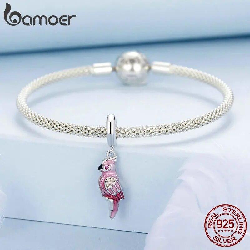 Bamoer 925 Sterling Silver Pink Parrot Pendant Charms Cute Bird Beads for Women Original Bracelet and Necklace DIY Accessories