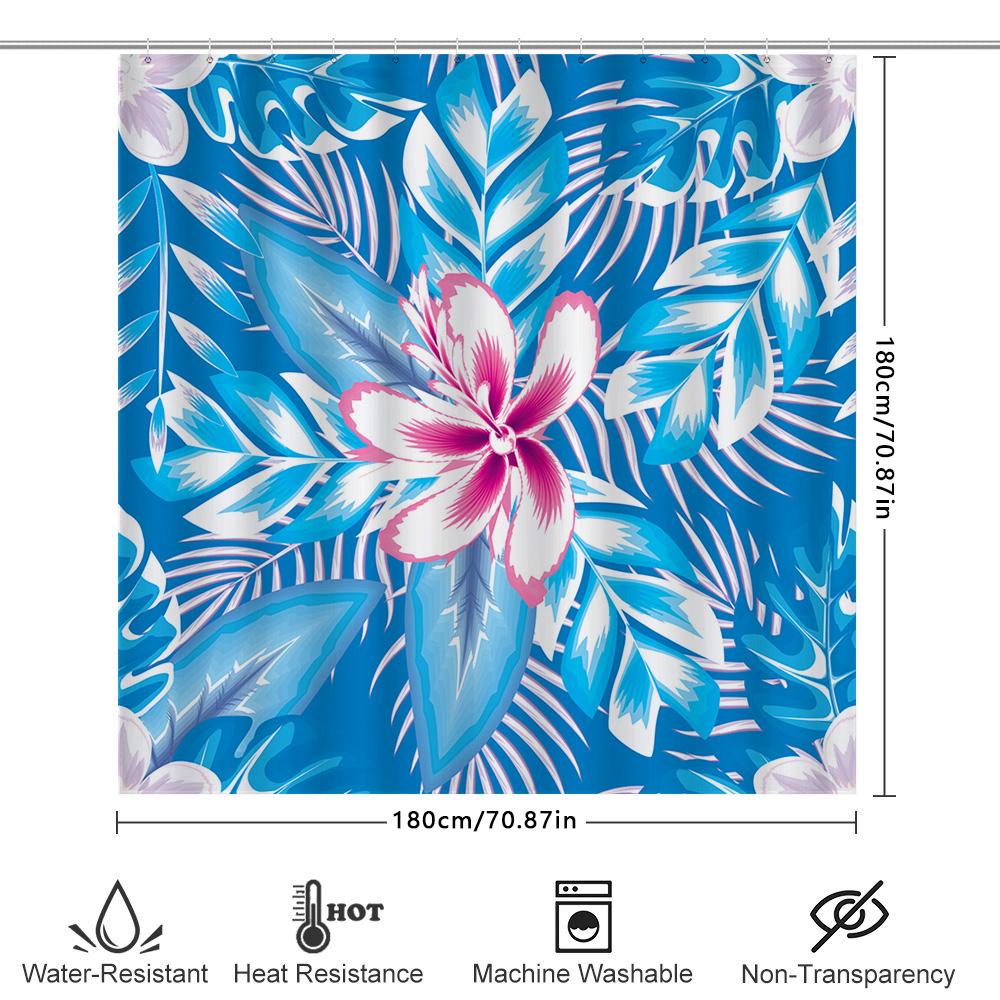 Bunter Duschvorhang mit tropischen Blumen Blau und Weiß Duschstoff für Badezimmerdekoration