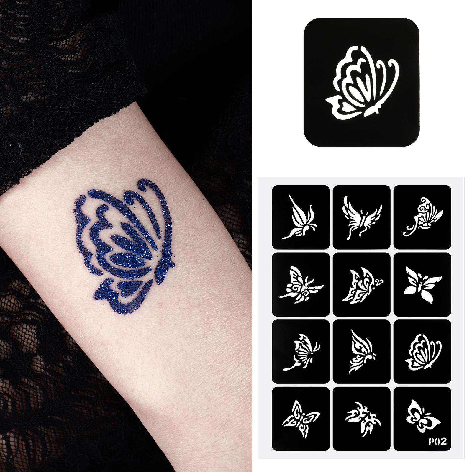 

Выдолбленный шаблон татуировки с буквами, животными, цветами для боди-арта, татуировка, живопись, временный клей, набор блестящих порошков kit 05