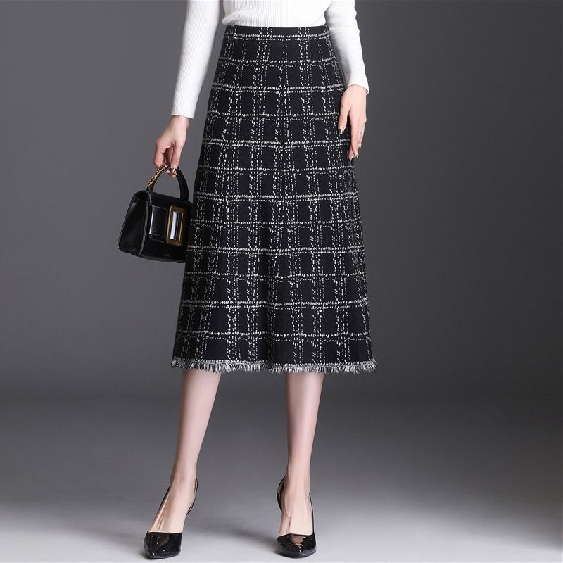 Bodycon Houndstooth Knitted A-Line Skirt Women's Korean Style Plaid Midi Skirt Fringed Wool Skirt
