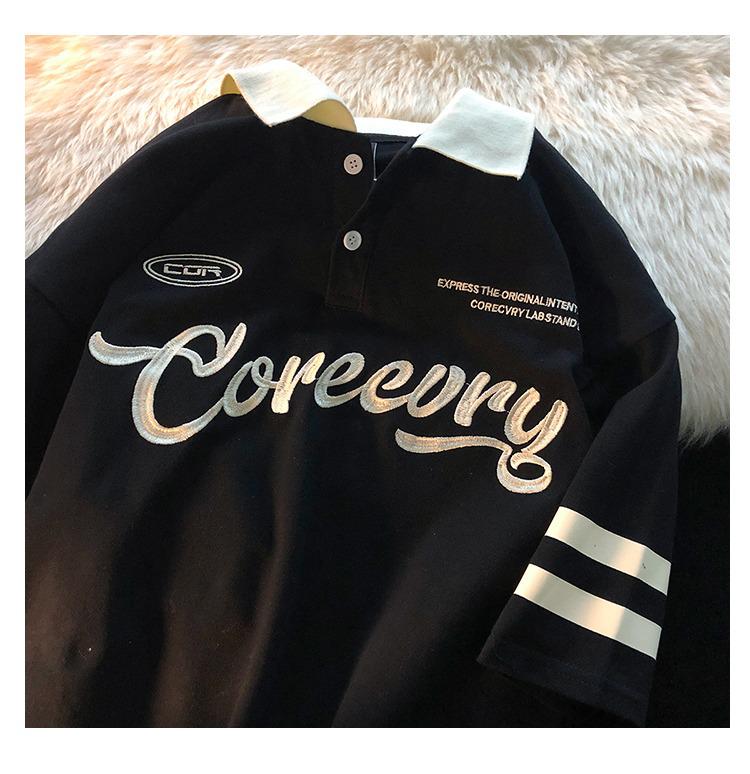 

Футболка-поло с ретро-принтом в стиле Харадзюку 2023 года — унисекс, короткий рукав для пар Large чёрный