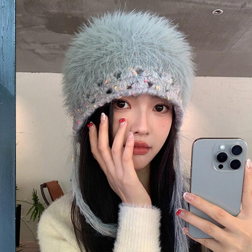 Mixed-color Straps Handmade Knitted Cap Ear Protection Winter Warm Cap  Women Girls Maiden