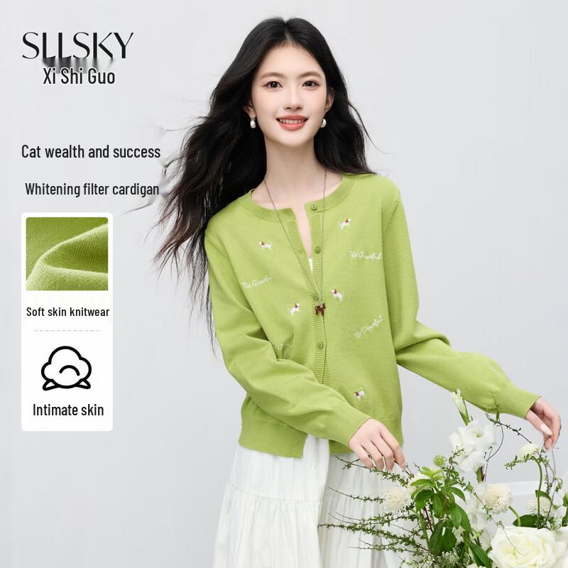 Sllsky Women s Embroidered Cat Long-Sleeve Knit Cardigan XL