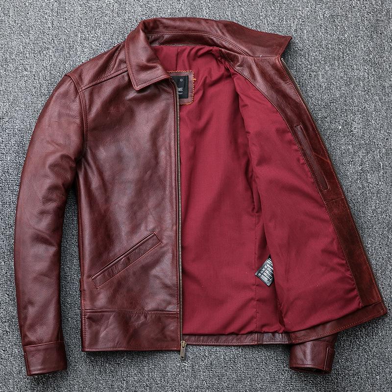 Men's Genuine Leather Jacket, First-layer Cowhide Retro Nostalgic Lapel Motorcycle Leather Jacket