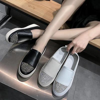 Modne Białe Sneakersy z Prawdziwej Skóry i Kryształków dla Kobiet Wiosna i Jesień Płaski Spód Uniwersalne Gruba Podeszwa Buty do Chodzenia Womendf56