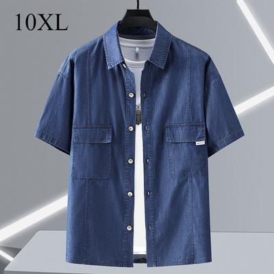 Plus Fett zum Zunehmen Denim Kurzarm Baumwollhemd Dicker Mann Halbarm Sommer Trend Lässig Übergröße Herrenbekleidung