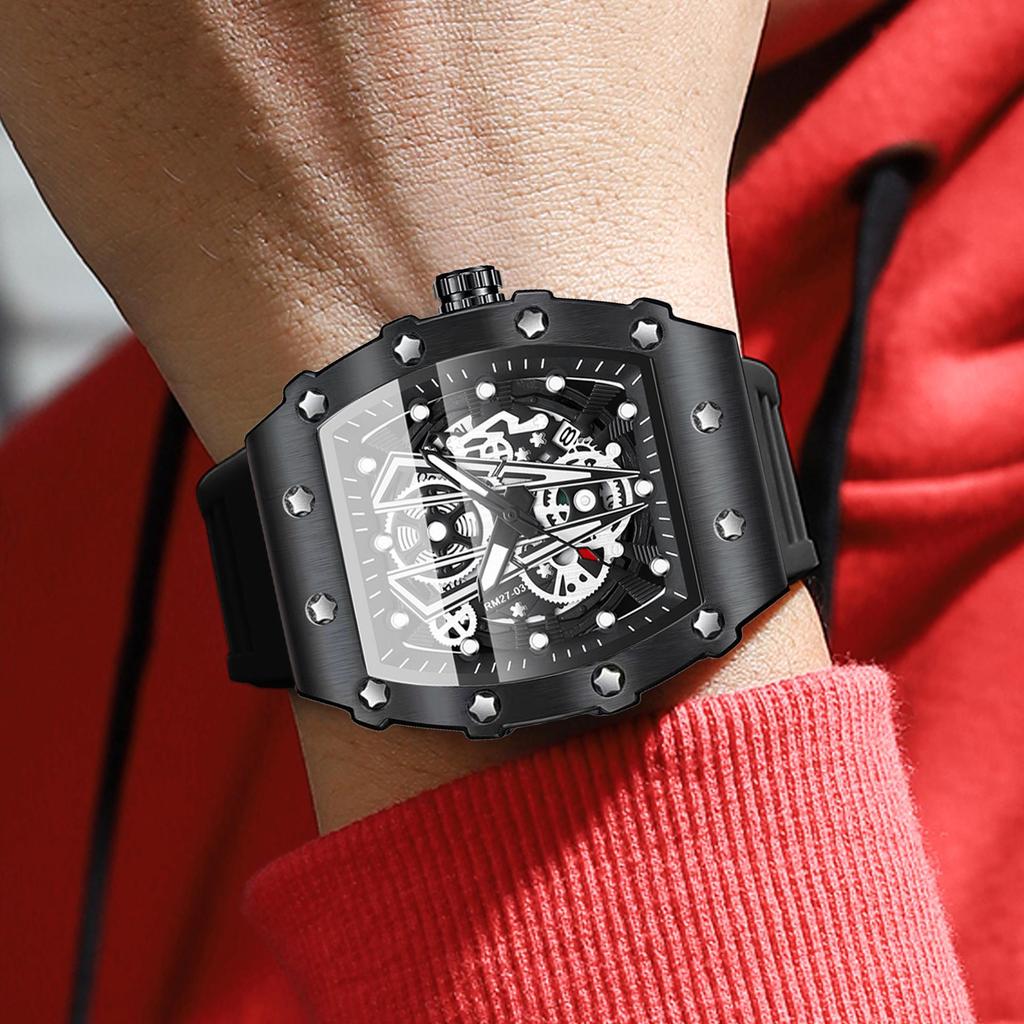 BINBOND Men's Domineering Barrel-Shaped Sports Watch with Curved Hollow Design