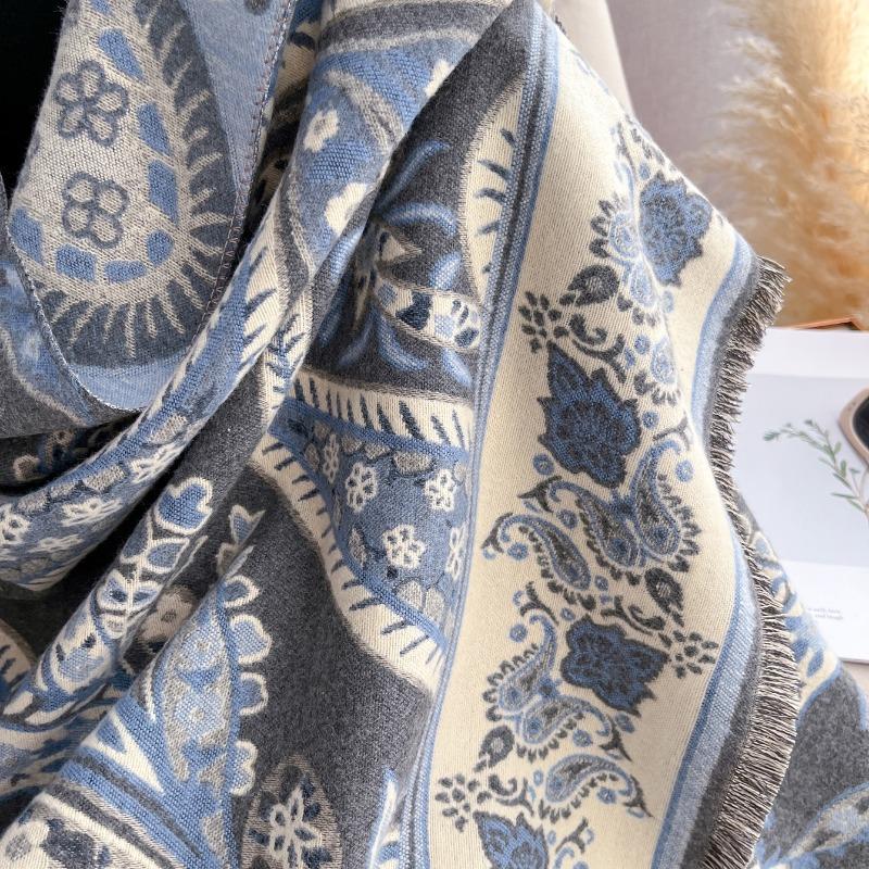 Ethnic Printed Faux Cashmere Scarf Winter Warm Thick Shawl For Women