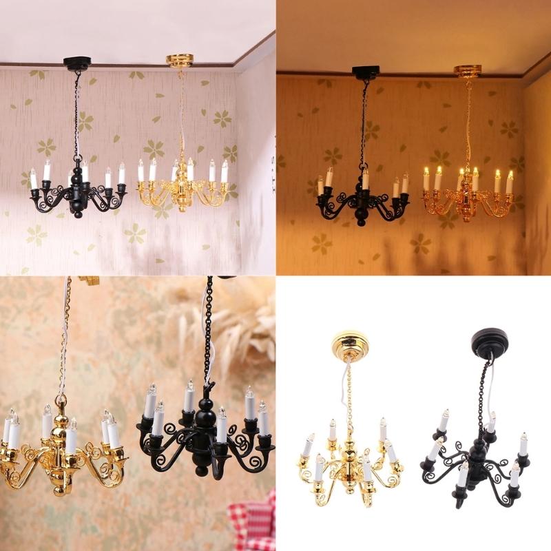 1/12 Dollhouses Chandelier 6 Head Hanging Lamp LED Light Model with Candle Light Designs for Scene Landscape Setting