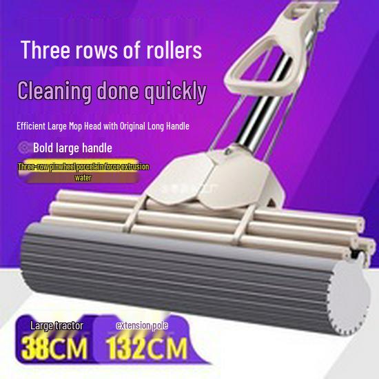 38CM Stainless Steel Hands-Free PVA Roller Mop: Absorbent Sponge for Wet & Dry Use