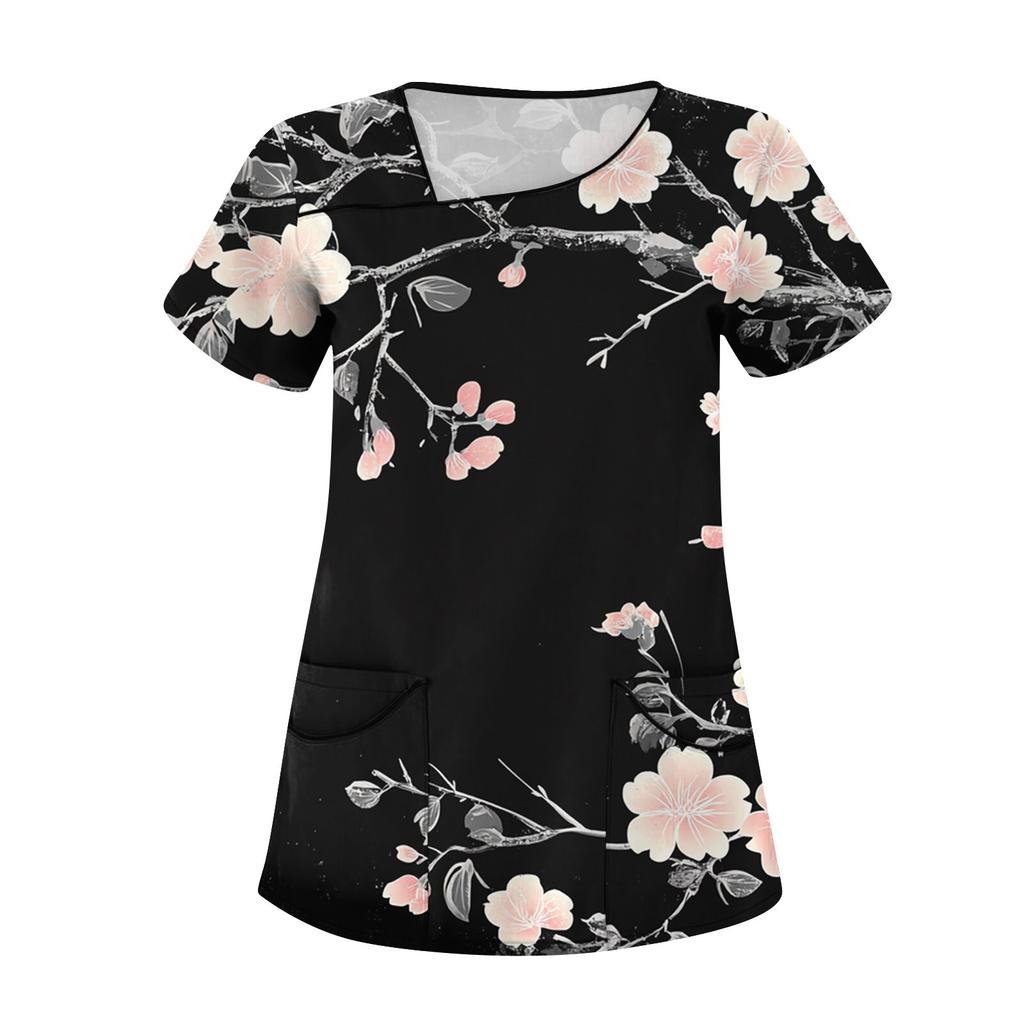 Women's Casual  Print Short Sleeve Sloping Collar Workwear Top With Double Pockets