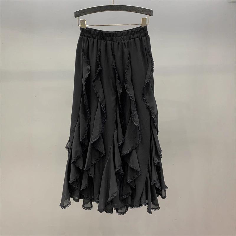 Irregular lace splicing chiffon skirt women's spring and summer new fashion high waist and thin a word big swing skirt