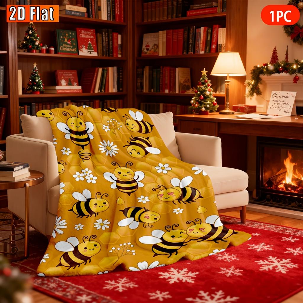 1pc, 2D Flat, Small Throw Blanket, Nap Blanket, Cartoon Bee, Patterned Flannel Blanket, Multi-functional All-season Gift, Can Be Used in the Living Ro