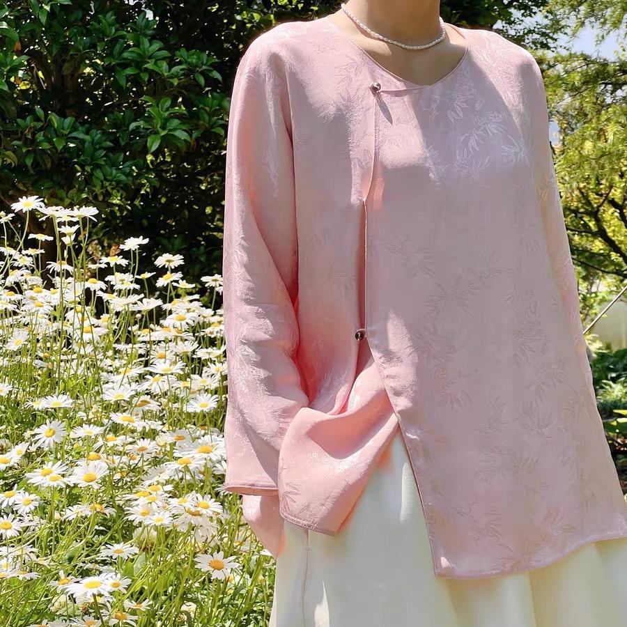 2024 Spring Women's Retro Chinese Style Agate Button Slanted Lapel Top