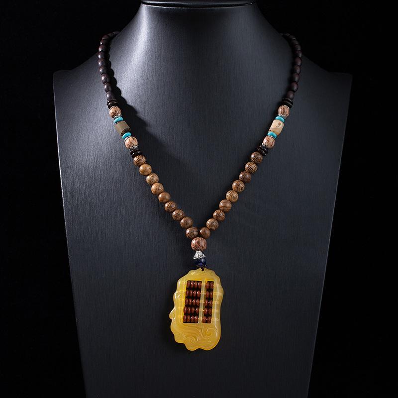 Stile Etnico Retrò Catena Lunga per Maglione Ciondolo in Pietra Bodhi con Diamante Collana con Perline di Legno Ciondolo in Cotone e Lino Tibetano Collana con Perline di Buddha
