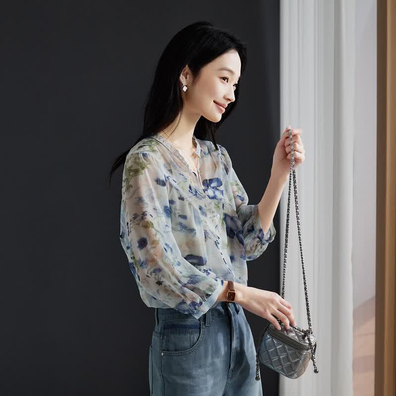 SOFSIL Women s French Style Two-piece Printed Blouse Set XL синий