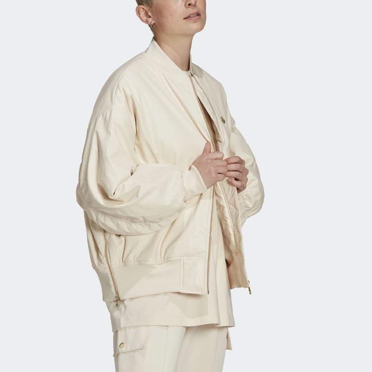 Adidas Originals Gold Zipper Logo Solid Color Bomber Jacket Women Jackets White HG6673