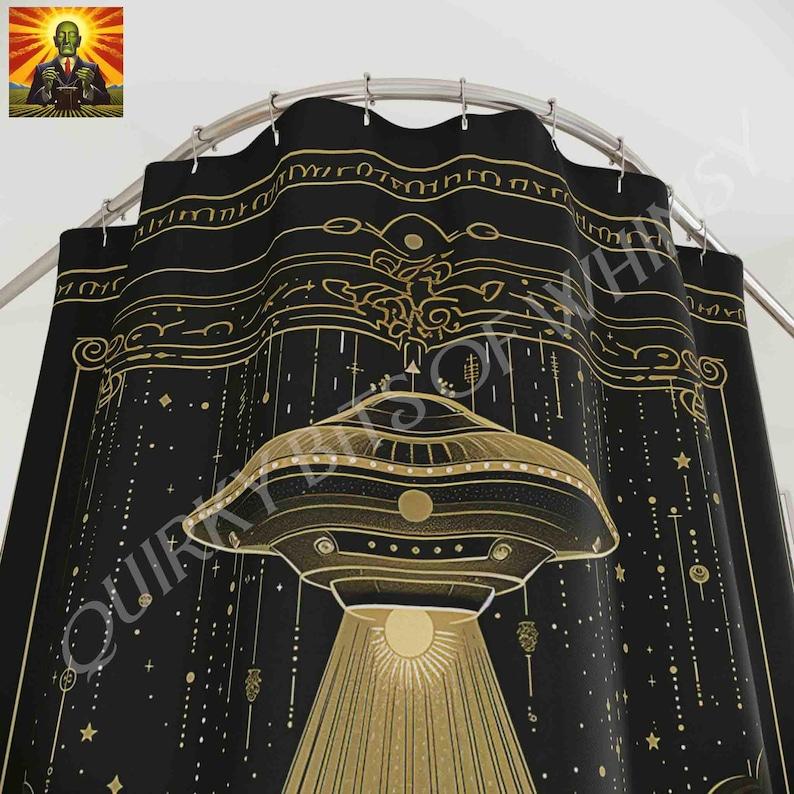 UFO Cow Abduction Shower Curtain – Funny Sci-Fi Alien Decor, Humorous Space Theme for Bathroom Conversation Starter